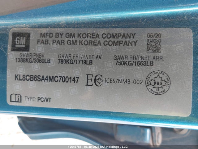 Aukcja sprzedaży 2021 Chevrolet Spark Ls Cvt, vin: KL8CB6SA4MC700147, numer aukcji: 12646788