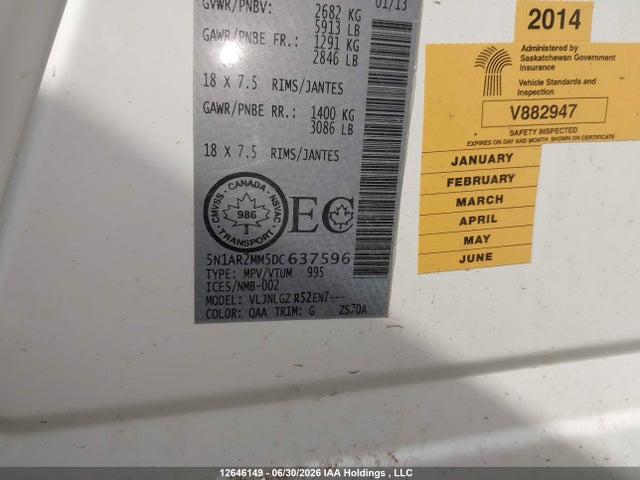 2013 Nissan Pathfinder Platinum/s/sl/sv მანქანა იყიდება აუქციონზე, vin: 5N1AR2MM5DC637596, აუქციონის ნომერი: 12646149