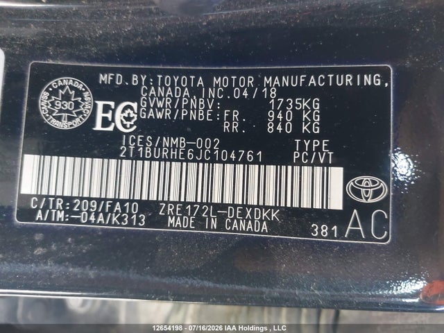 12654198 :رقم المزاد ، 2T1BURHE6JC104761 vin ، 2018 Toyota Corolla Ce مزاد بيع