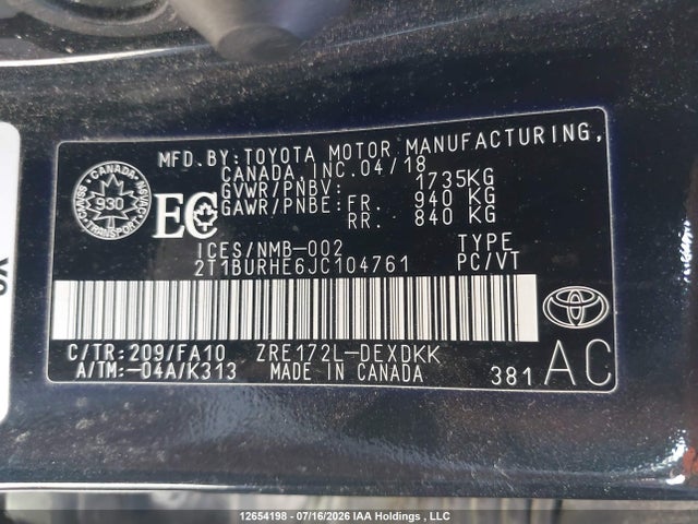 12654198 :رقم المزاد ، 2T1BURHE6JC104761 vin ، 2018 Toyota Corolla Ce مزاد بيع