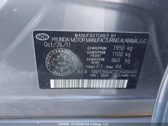 12654208 :رقم المزاد ، 5NPEB4AC0CH404441 vin ، 2012 Hyundai Sonata Gls مزاد بيع