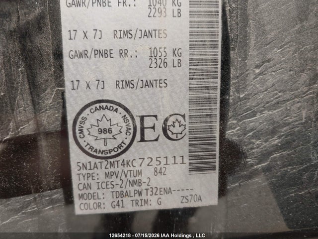 5N1AT2MT4KC725111 Nissan ROGUE S/SV