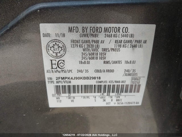 Продаж на аукціоні авто 2019 Ford Edge Sel, vin: 2FMPK4J90KBB29818, номер лоту: 12654219