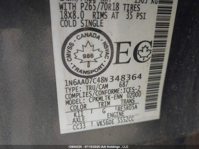 Aukcja sprzedaży 2008 Nissan Titan Xe/se/le/pro-4x, vin: 1N6AA07C48N348364, numer aukcji: 12654220