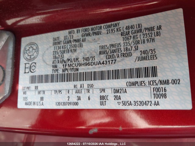 Продаж на аукціоні авто 2013 Ford Escape Sel, vin: 1FMCU9H96DUA43177, номер лоту: 12654222