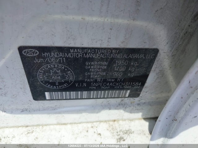 2012 Hyundai Sonata მანქანა იყიდება აუქციონზე, vin: 5NPEC4ACXCH311584, აუქციონის ნომერი: 12654223