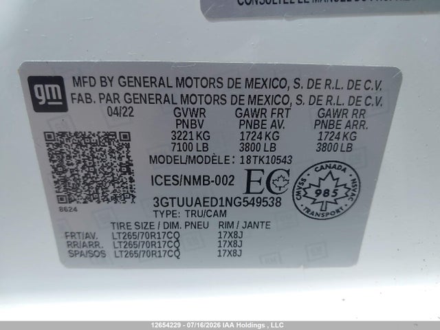 Продажа на аукционе авто 2022 Gmc Sierra K1500, vin: 3GTUUAED1NG549538, номер лота: 12654229
