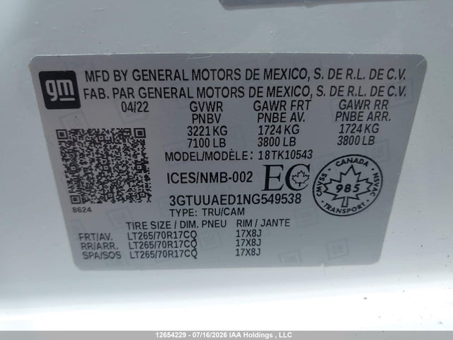 Продажа на аукционе авто 2022 Gmc Sierra K1500, vin: 3GTUUAED1NG549538, номер лота: 12654229