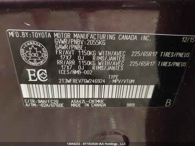 12654233 :رقم المزاد ، 2T3WFREV7GW246924 vin ، 2016 Toyota Rav4 Xle مزاد بيع
