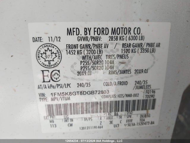 12654234 :رقم المزاد ، 1FM5K8GT8DGB72803 vin ، 2013 Ford Explorer Sport مزاد بيع