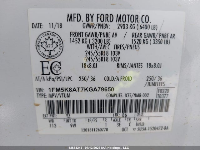 1FM5K8AT7KGA79650 Ford Police Interceptor Utility