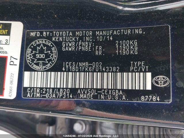 Продаж на аукціоні авто 2015 Toyota Camry, vin: 4T1BD1FK6FU143382, номер лоту: 12654246