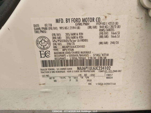 12654248 :رقم المزاد ، MAJ6P1UL6JC234102 vin ، 2018 Ford Ecosport Se مزاد بيع
