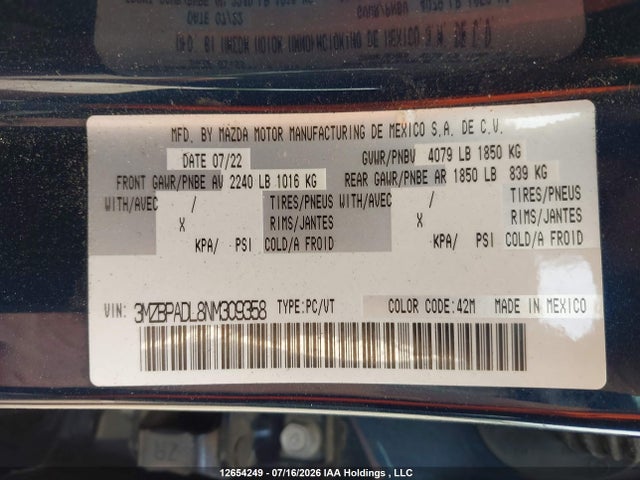 3MZBPADL8NM309358 Mazda Mazda3 Gt