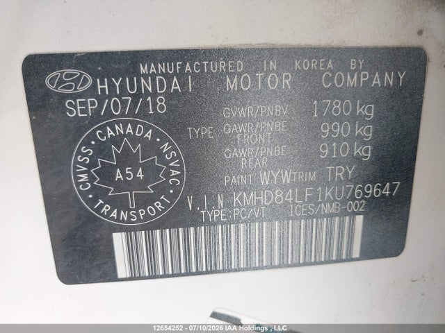 KMHD84LF1KU769647 Hyundai Elantra Sel/value/limited