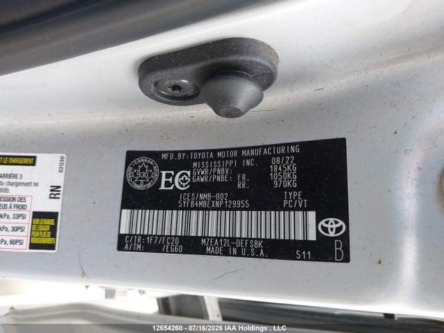 Aukcja sprzedaży 2022 Toyota Corolla Se, vin: 5YFB4MBEXNP129955, numer aukcji: 12654260