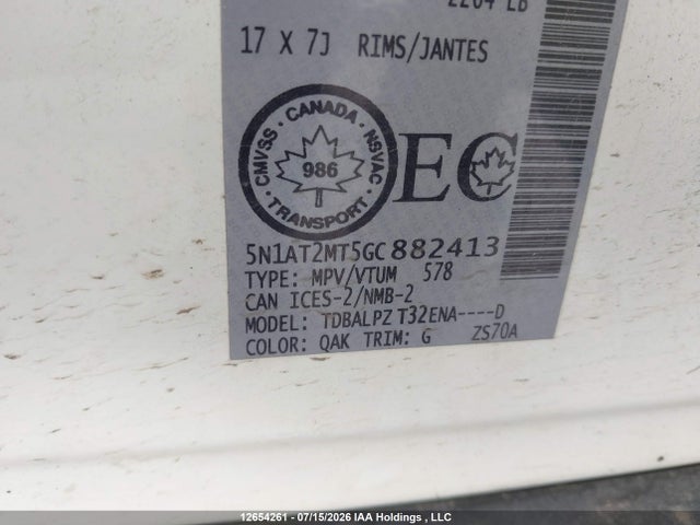 12654261 :رقم المزاد ، 5N1AT2MT5GC882413 vin ، 2016 Nissan Rogue S/sv مزاد بيع