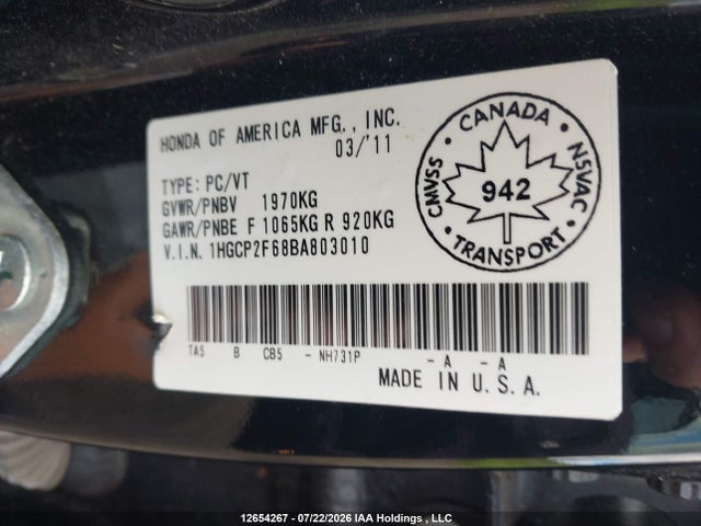 2011 Honda Accord Se მანქანა იყიდება აუქციონზე, vin: 1HGCP2F68BA803010, აუქციონის ნომერი: 12654267