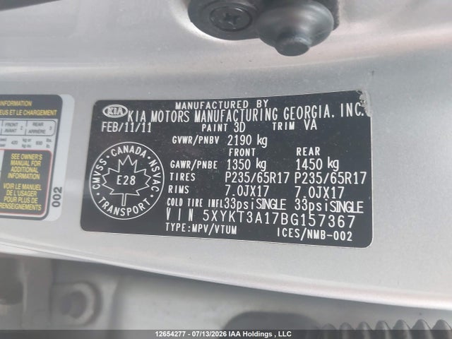 12654277 :رقم المزاد ، 5XYKT3A17BG157367 vin ، 2011 Kia Sorento Lx مزاد بيع