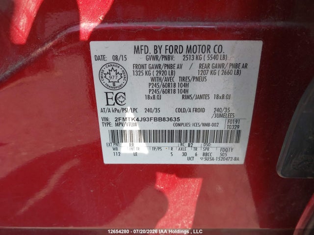 12654280 :رقم المزاد ، 2FMTK4J93FBB83635 vin ، 2015 Ford Edge Sel مزاد بيع