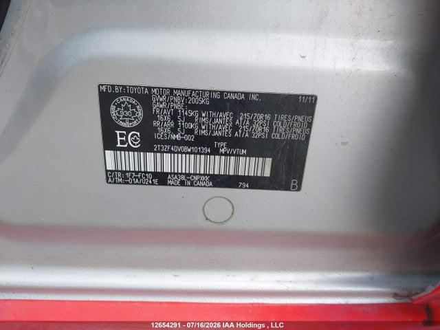 12654291 :رقم المزاد ، 2T3ZF4DV0BW101394 vin ، 2011 Toyota Rav4 مزاد بيع
