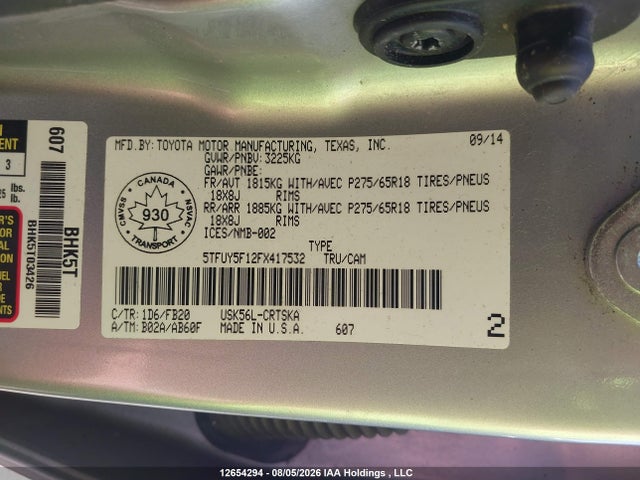 12654294 :رقم المزاد ، 5TFUY5F12FX417532 vin ، 2015 Toyota Tundra Double Cab Sr/double Cab Sr5 مزاد بيع