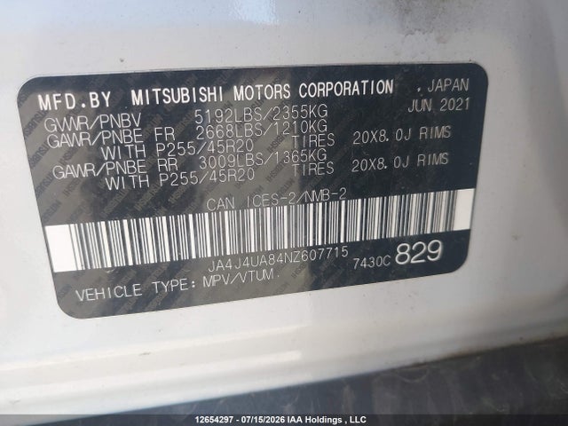 Продаж на аукціоні авто 2022 Mitsubishi Outlander Se/black Edition, vin: JA4J4UA84NZ607715, номер лоту: 12654297