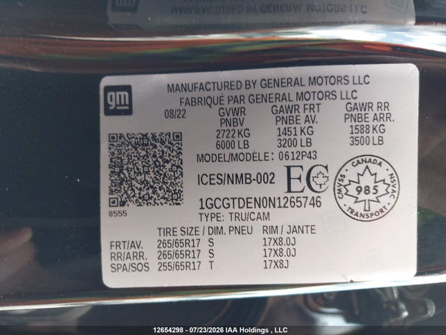 2022 Chevrolet Colorado Z71 მანქანა იყიდება აუქციონზე, vin: 1GCGTDEN0N1265746, აუქციონის ნომერი: 12654298