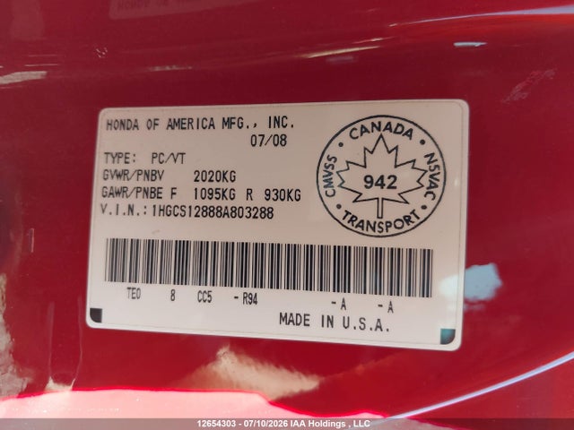Aukcja sprzedaży 2008 Honda Accord Exl, vin: 1HGCS12888A803288, numer aukcji: 12654303