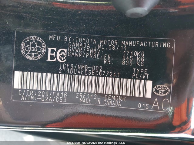 Продаж на аукціоні авто 2011 Toyota Corolla Ce, vin: 2T1BU4EE5BC677241, номер лоту: 12637760