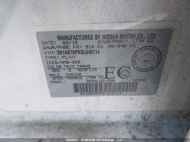 Aukcja sprzedaży 2016 Nissan Sentra 1.8 S/1.8 Sl/1.8 Sr/1.8 Sv, vin: 3N1AB7APXGL649114, numer aukcji: 12649257