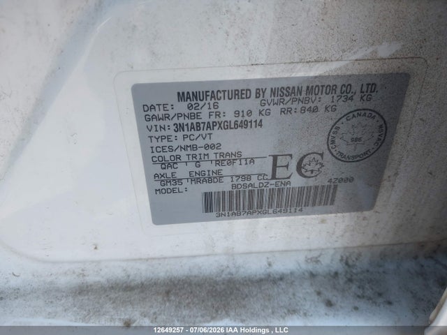 Aukcja sprzedaży 2016 Nissan Sentra 1.8 S/1.8 Sl/1.8 Sr/1.8 Sv, vin: 3N1AB7APXGL649114, numer aukcji: 12649257