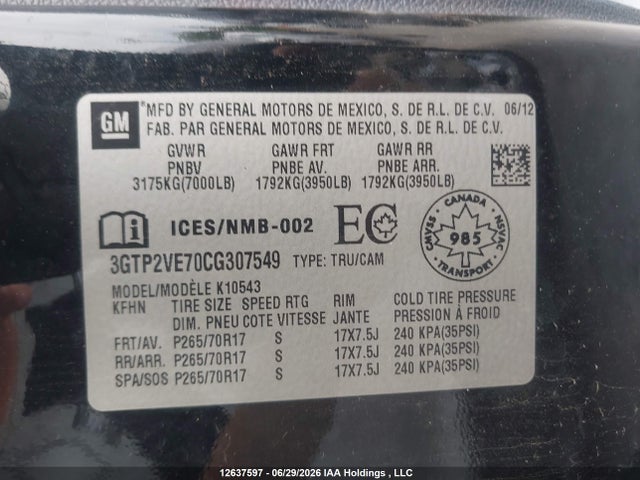 Aukcja sprzedaży 2012 Gmc Sierra 1500 Sle, vin: 3GTP2VE70CG307549, numer aukcji: 12637597