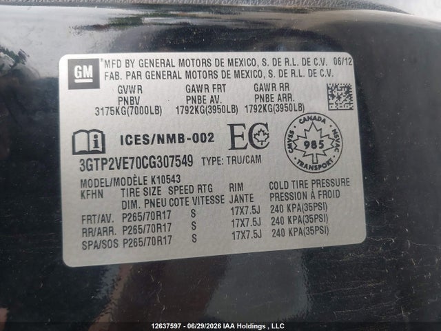 Aukcja sprzedaży 2012 Gmc Sierra 1500 Sle, vin: 3GTP2VE70CG307549, numer aukcji: 12637597
