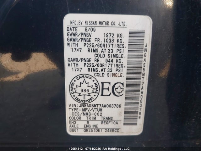 12654312 :رقم المزاد ، JN8AS5MT7AW003786 vin ، 2010 Nissan Rogue Sl مزاد بيع