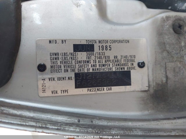 12654314 :رقم المزاد ، JT2RA64L5F6265362 vin ، 1985 Toyota Celica Gt مزاد بيع