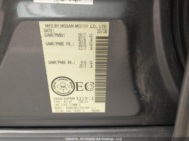 Aukcja sprzedaży 2017 Nissan Altima 2.5/2.5 S/2.5 Sl/2.5 Sr/2.5 Sv, vin: 1N4AL3AP9HN311911, numer aukcji: 12654318