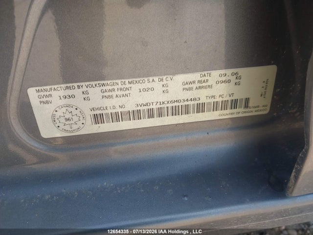 2006 Volkswagen Jetta Tdi Option Package 2 მანქანა იყიდება აუქციონზე, vin: 3VWDT71KX6M034483, აუქციონის ნომერი: 12654335