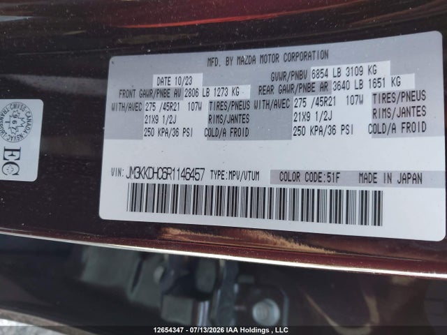 12654347 :رقم المزاد ، JM3KKDHC6R1146457 vin ، 2024 Mazda Cx-90 Mhev Gt-p مزاد بيع