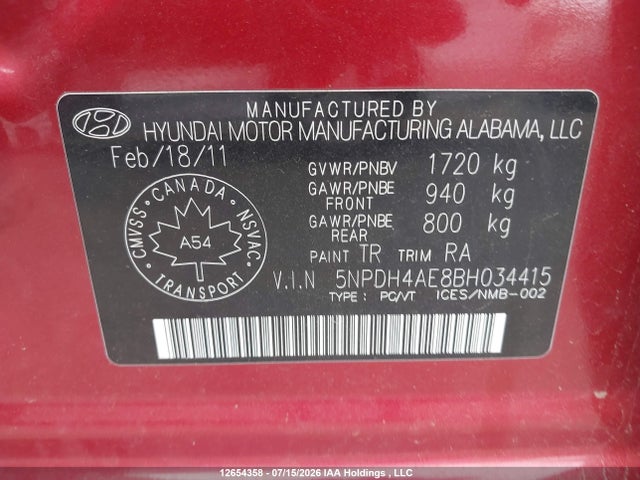 Aukcja sprzedaży 2011 Hyundai Elantra Gls, vin: 5NPDH4AE8BH034415, numer aukcji: 12654358