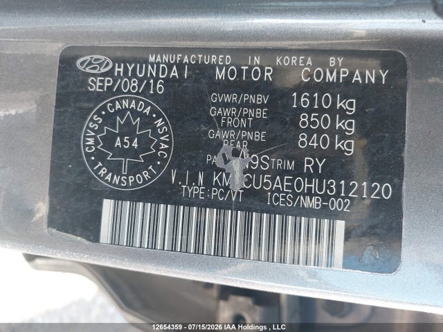 KMHCU5AE0HU312120 Hyundai ACCENT GLS
