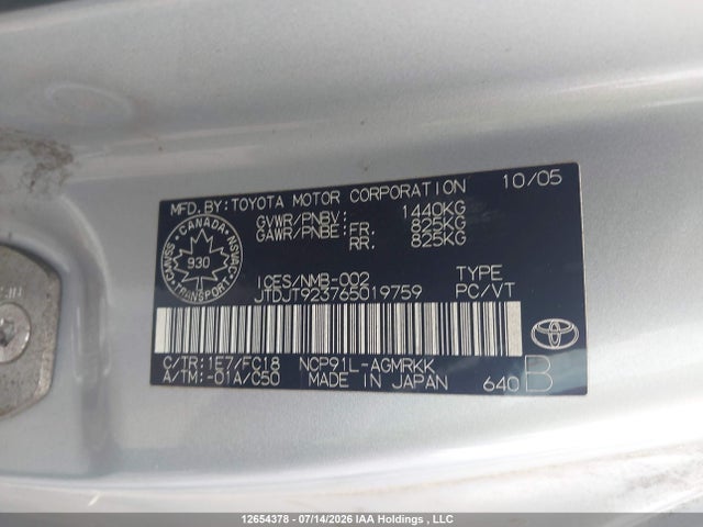 12654378 :رقم المزاد ، JTDJT923765019759 vin ، 2006 Toyota Yaris مزاد بيع