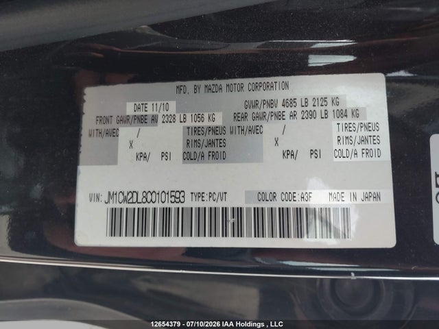 Aukcja sprzedaży 2012 Mazda Mazda5 Grand Touring, vin: JM1CW2DL8C0101593, numer aukcji: 12654379
