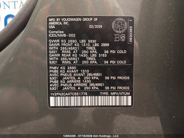 Продаж на аукціоні авто 2026 Volkswagen Atlas Execline 4motion, vin: 1V2FN2CAXTC551775, номер лоту: 12654380