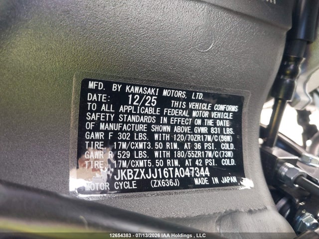 Продажа на аукционе авто 2026 Kawasaki Zx636 K, vin: JKBZXJJ16TA047344, номер лота: 12654383