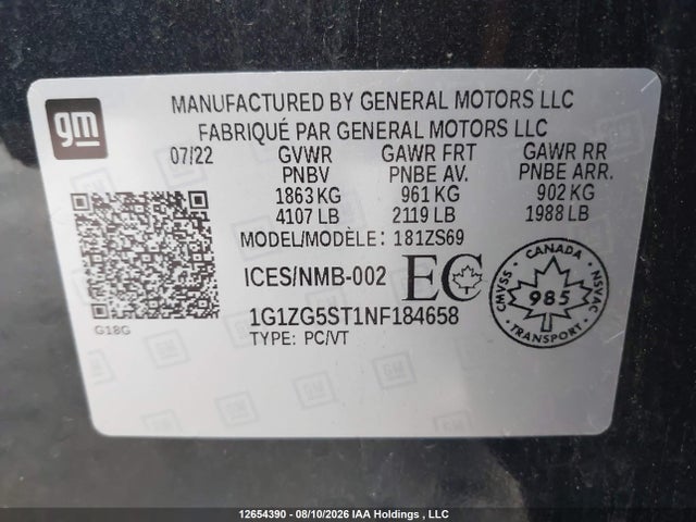 2022 Chevrolet Malibu მანქანა იყიდება აუქციონზე, vin: 1G1ZG5ST1NF184658, აუქციონის ნომერი: 12654390
