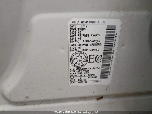 Aukcja sprzedaży 2012 Nissan Murano Le/s/sl/sv, vin: JN8AZ1MW1CW226164, numer aukcji: 12654392