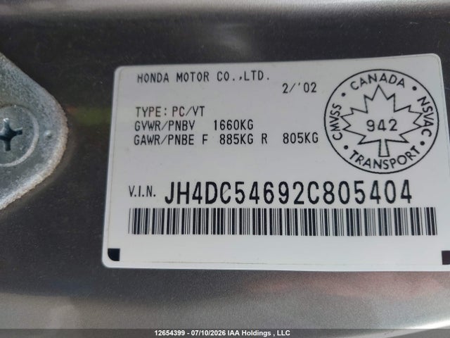 Aukcja sprzedaży 2002 Acura Rsx, vin: JH4DC54692C805404, numer aukcji: 12654399