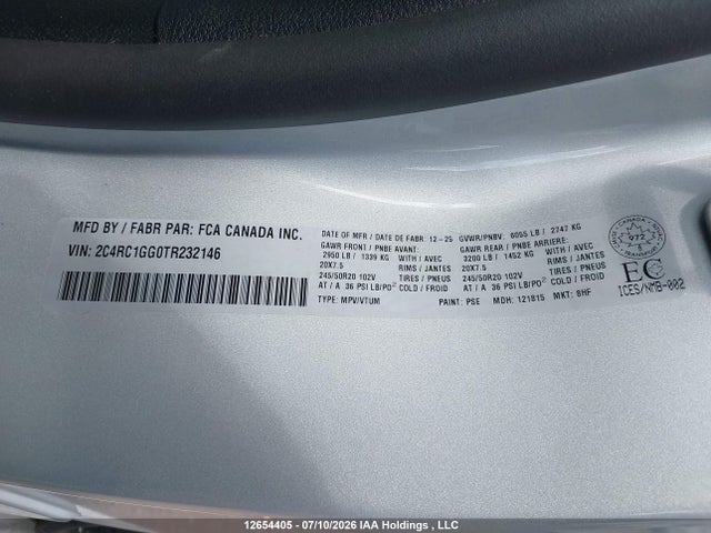 Aukcja sprzedaży 2026 Chrysler Pacifica Limited, vin: 2C4RC1GG0TR232146, numer aukcji: 12654405