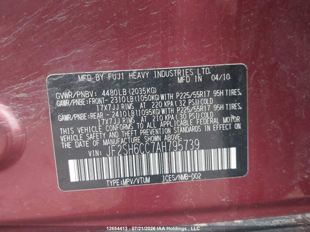 12654413 :رقم المزاد ، JF2SH6CC7AH795739 vin ، 2010 Subaru Forester 2.5x Premium مزاد بيع